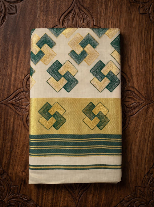 Ananthya Tissue Kasavu Green - Authentic Kerala Saree | Kasavu Saree | House Of Keralam