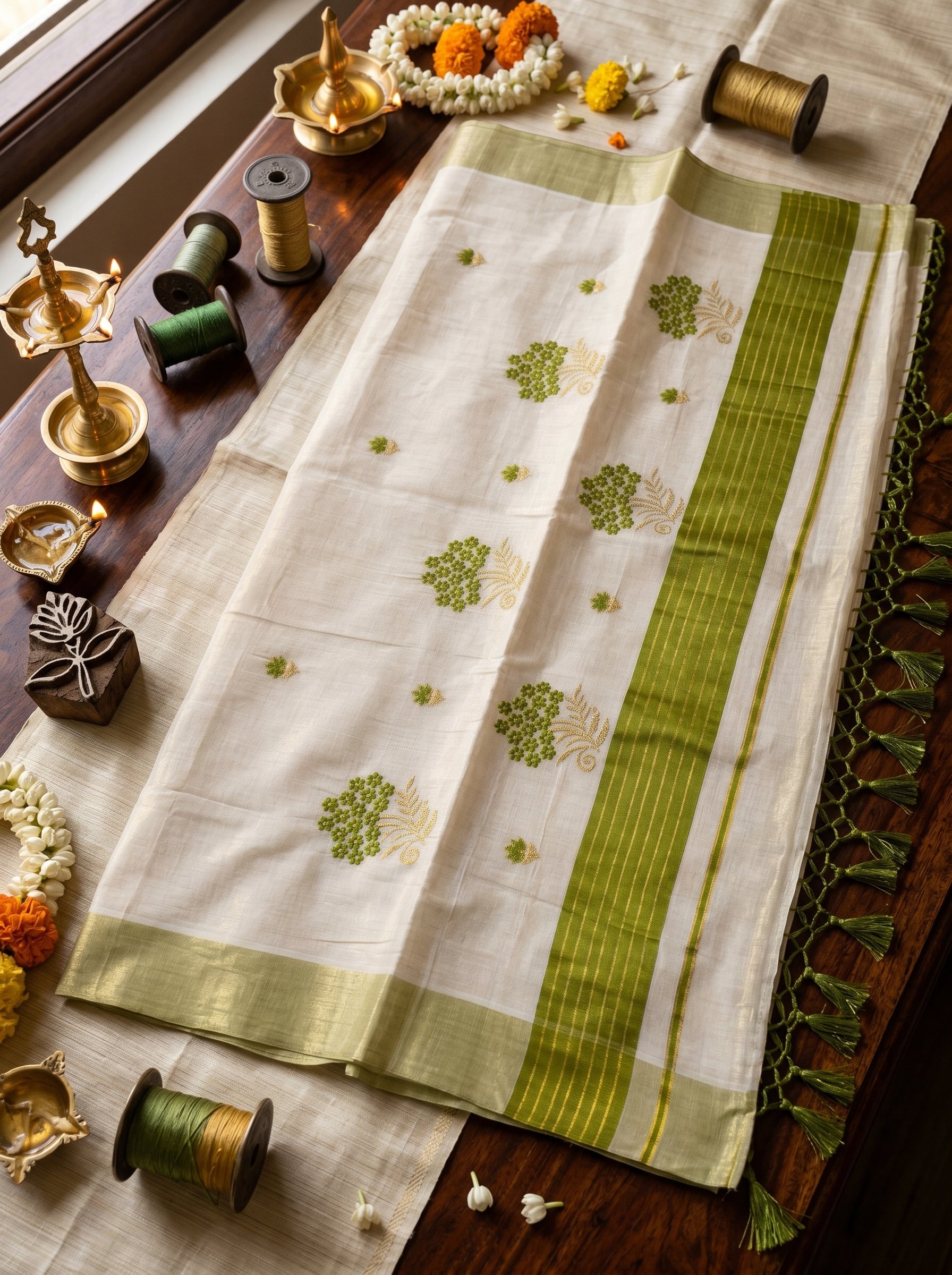 Haripriya Tissue Kasavu Green
