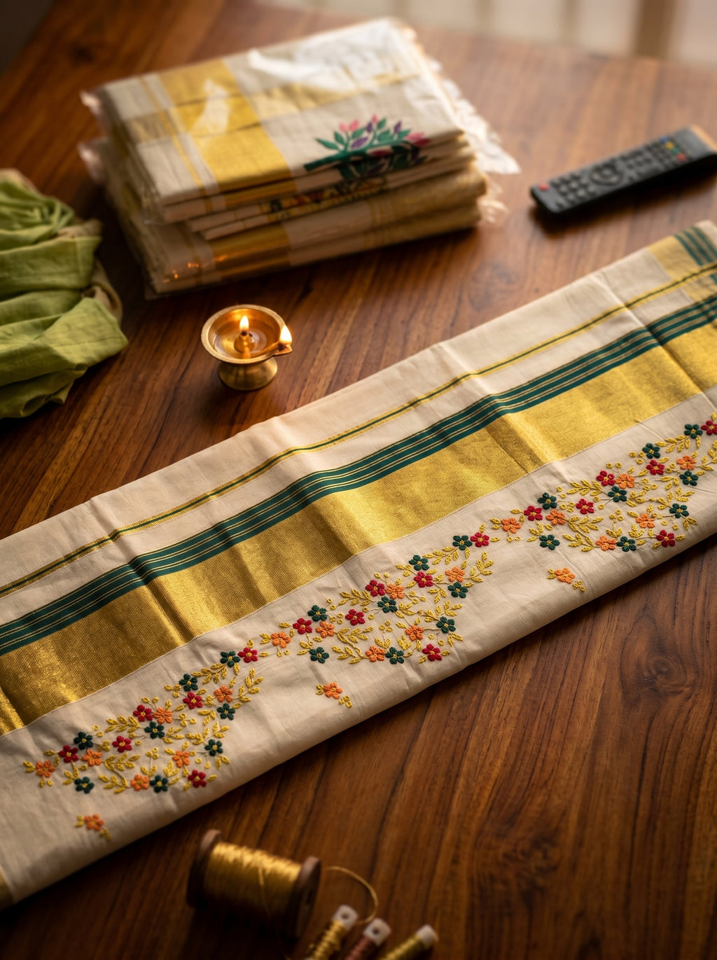Pushpavalli Cotton Kasavu Dark Green