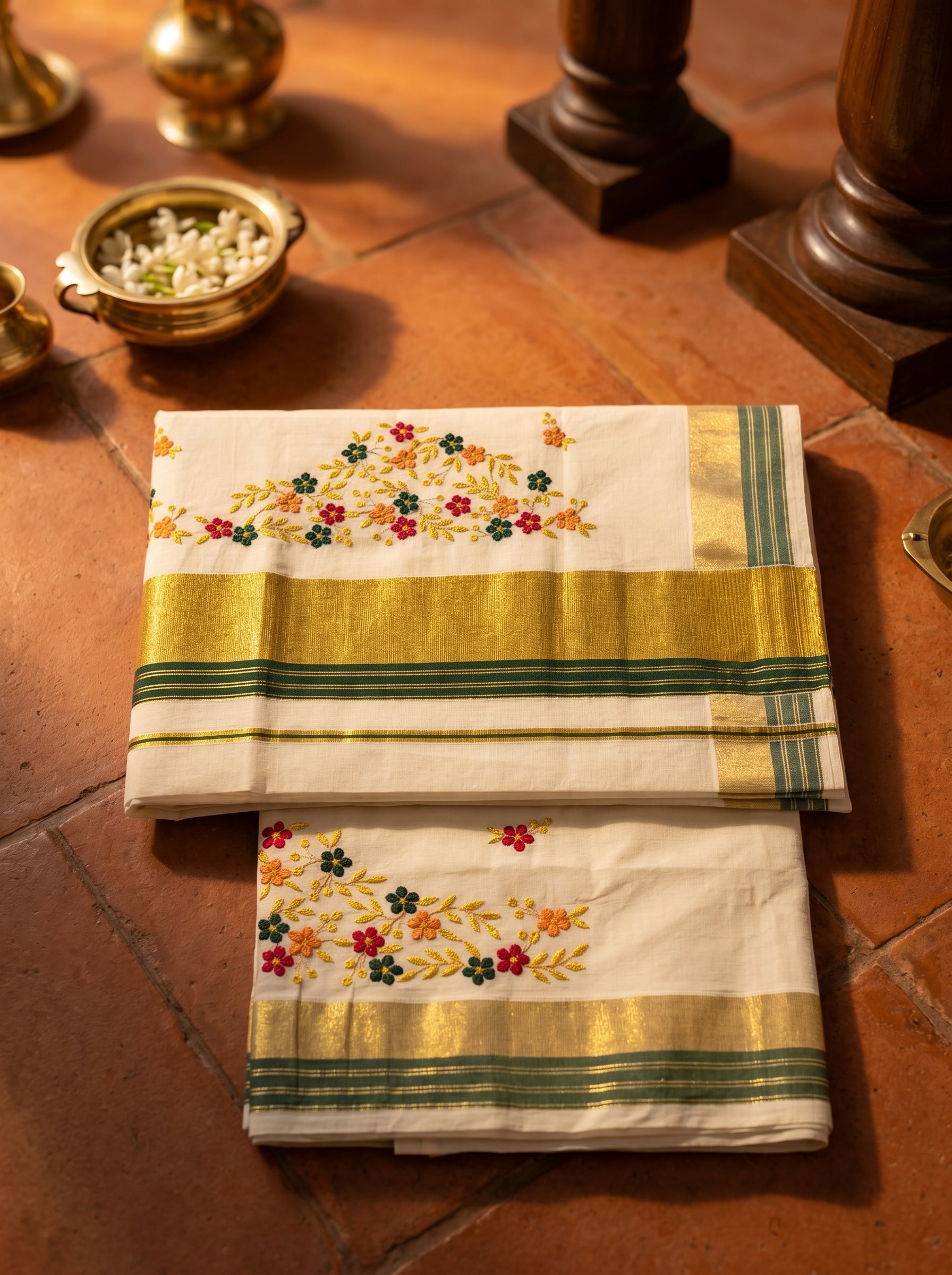 Pushpavalli Cotton Kasavu Dark Green