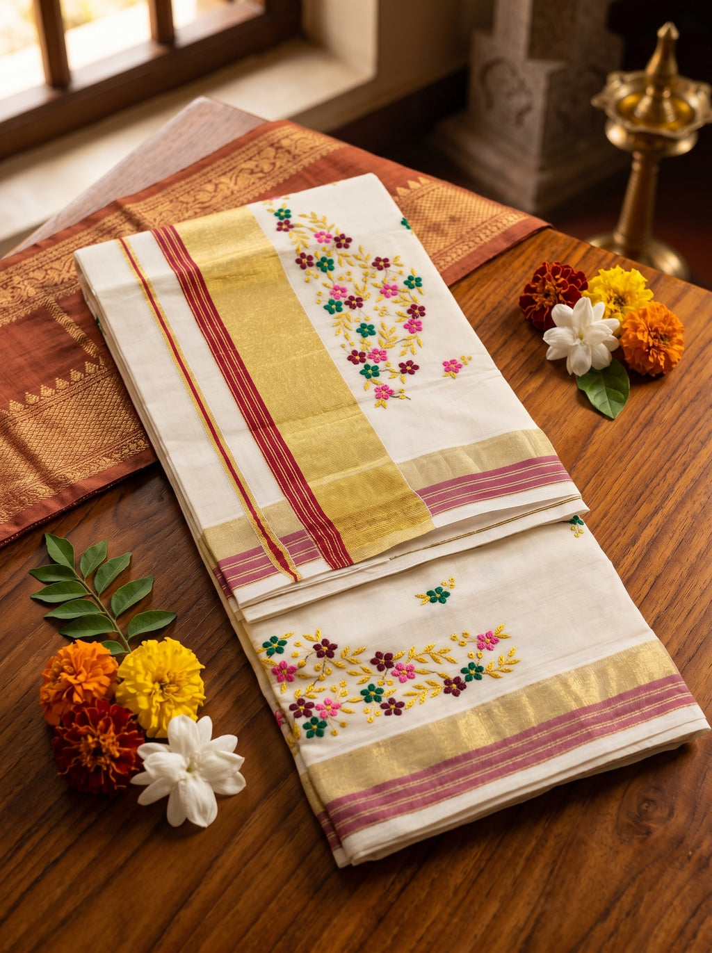 Pushpavalli Cotton Kasavu Red