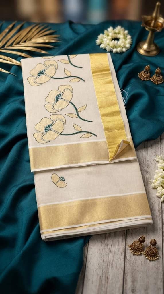 Hemaprabha Tissue Kasavu Green - Authentic Kerala Saree | Kasavu Saree | House Of Keralam