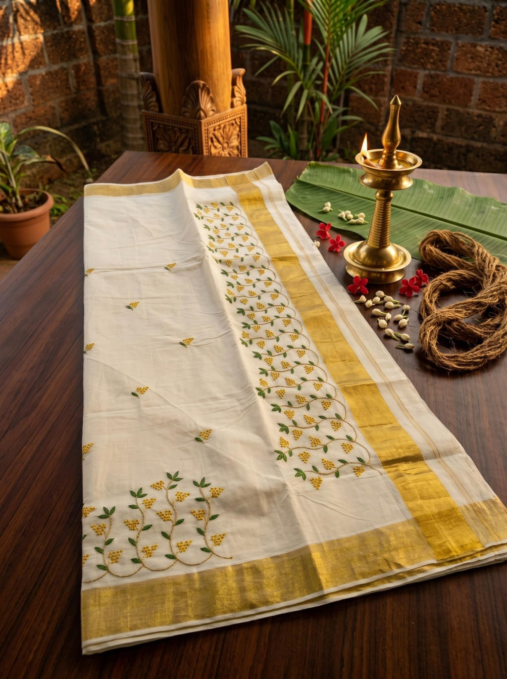 Kanakapushpam Cotton Kasavu Green - Authentic Kerala Saree | Kasavu Saree | House Of Keralam