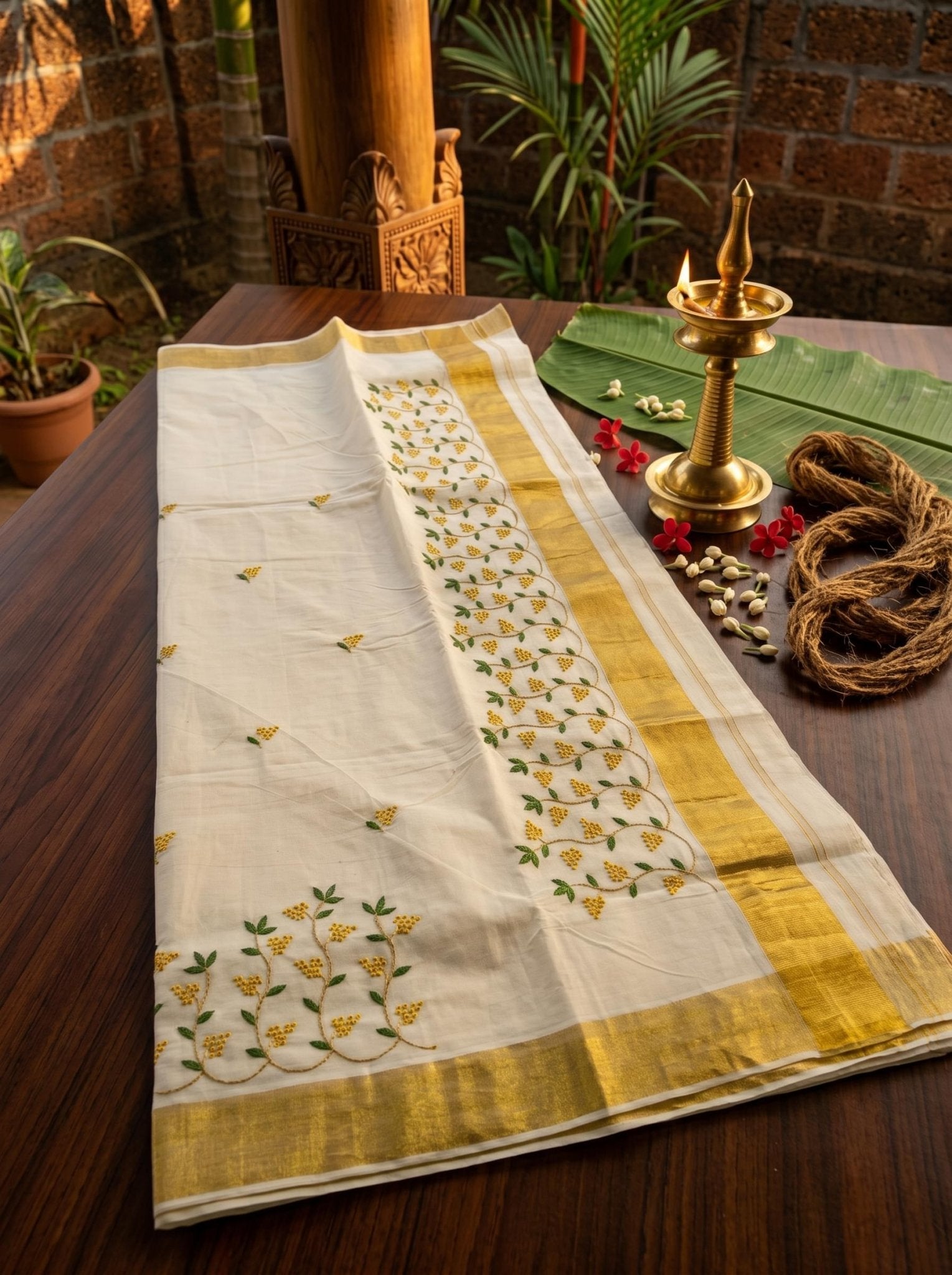 Kanakapushpam Cotton Kasavu Green - Authentic Kerala Saree | Kasavu Saree | House Of Keralam