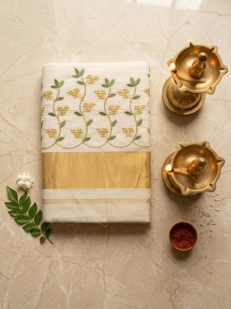 Kanakapushpam Cotton Kasavu Green - Authentic Kerala Saree | Kasavu Saree | House Of Keralam