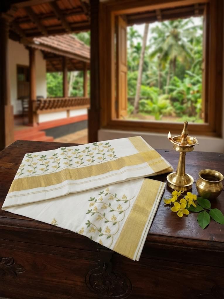 Kanakapushpam Cotton Kasavu Green - Authentic Kerala Saree | Kasavu Saree | House Of Keralam