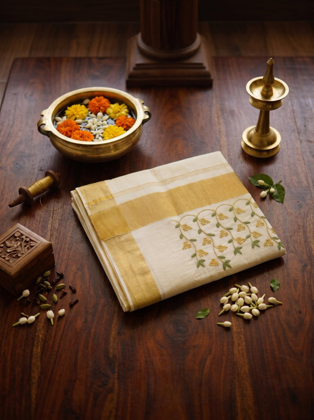 Kanakapushpam Cotton Kasavu Green - Authentic Kerala Saree | Kasavu Saree | House Of Keralam