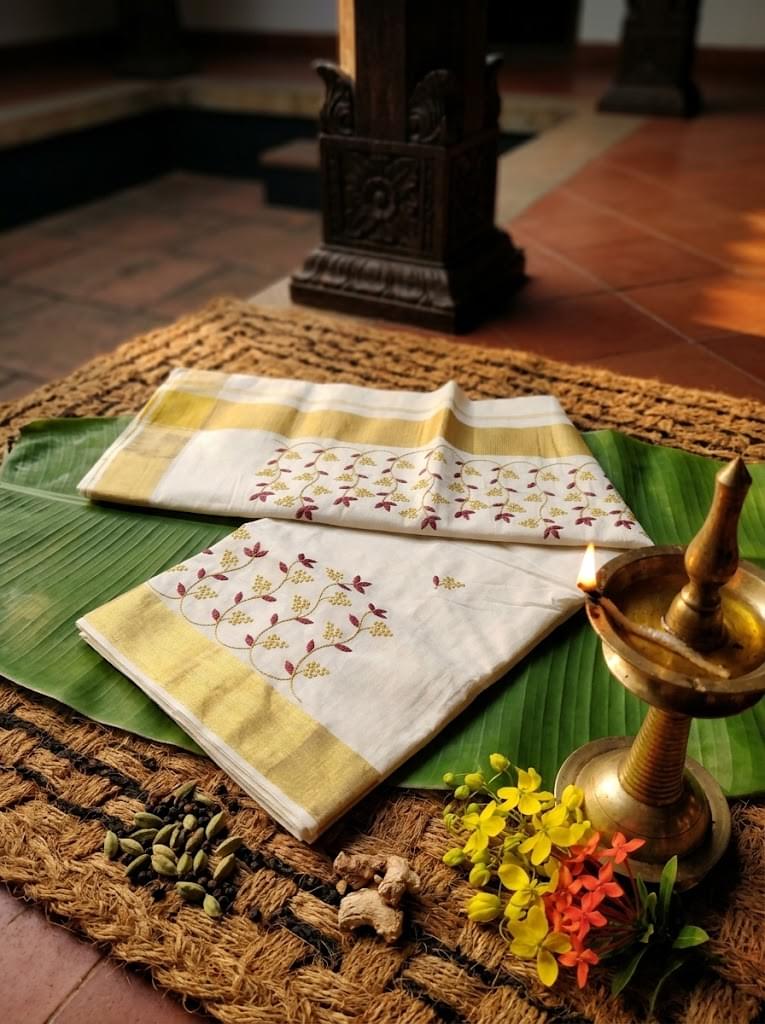 Kanakapushpam Cotton Kasavu Maroon - Authentic Kerala Saree | Kasavu Saree | House Of Keralam