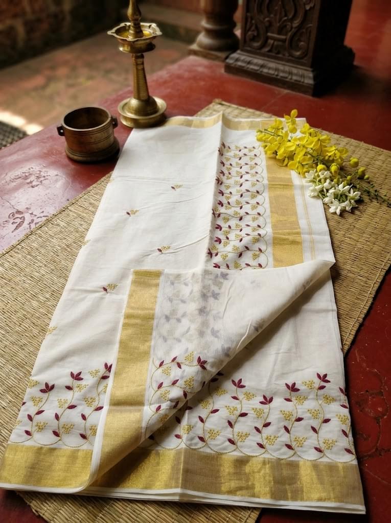 Kanakapushpam Cotton Kasavu Maroon - Authentic Kerala Saree | Kasavu Saree | House Of Keralam