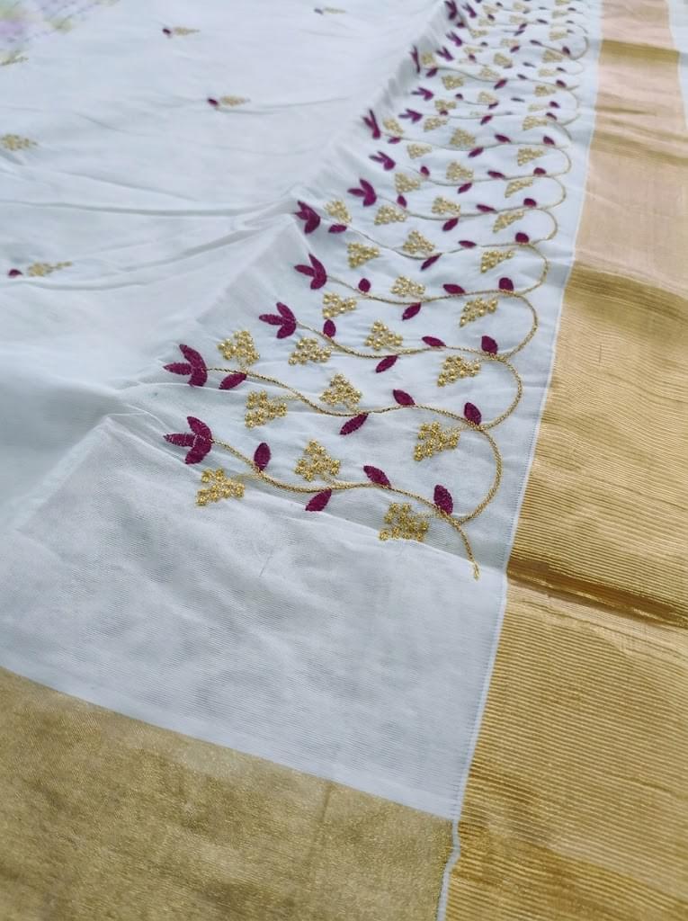 Kanakapushpam Cotton Kasavu Maroon - Authentic Kerala Saree | Kasavu Saree | House Of Keralam