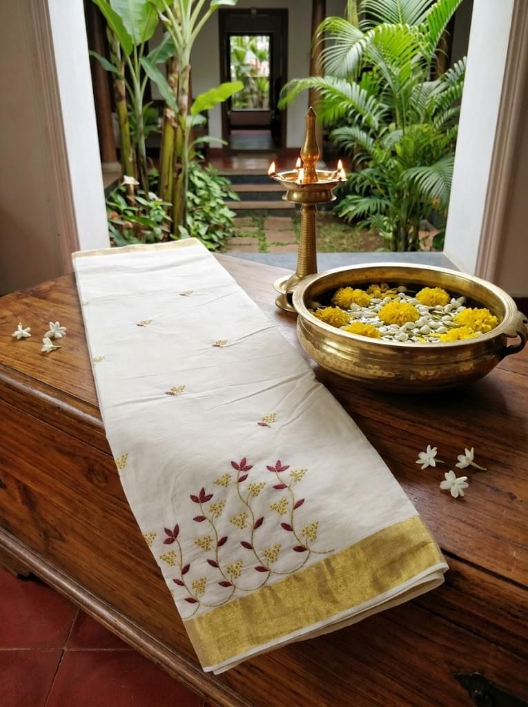 Kanakapushpam Cotton Kasavu Maroon - Authentic Kerala Saree | Kasavu Saree | House Of Keralam