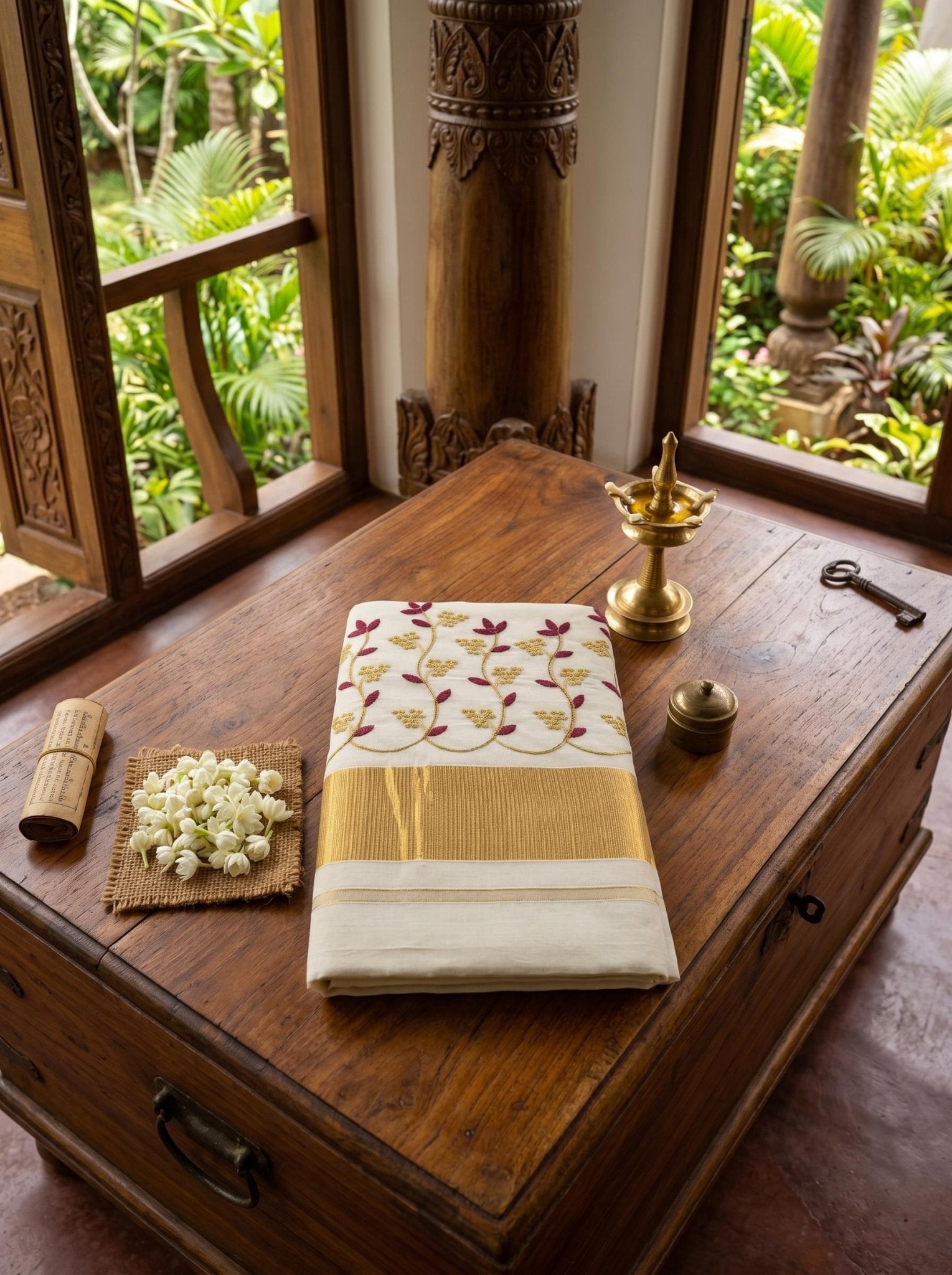 Kanakapushpam Cotton Kasavu Maroon - Authentic Kerala Saree | Kasavu Saree | House Of Keralam