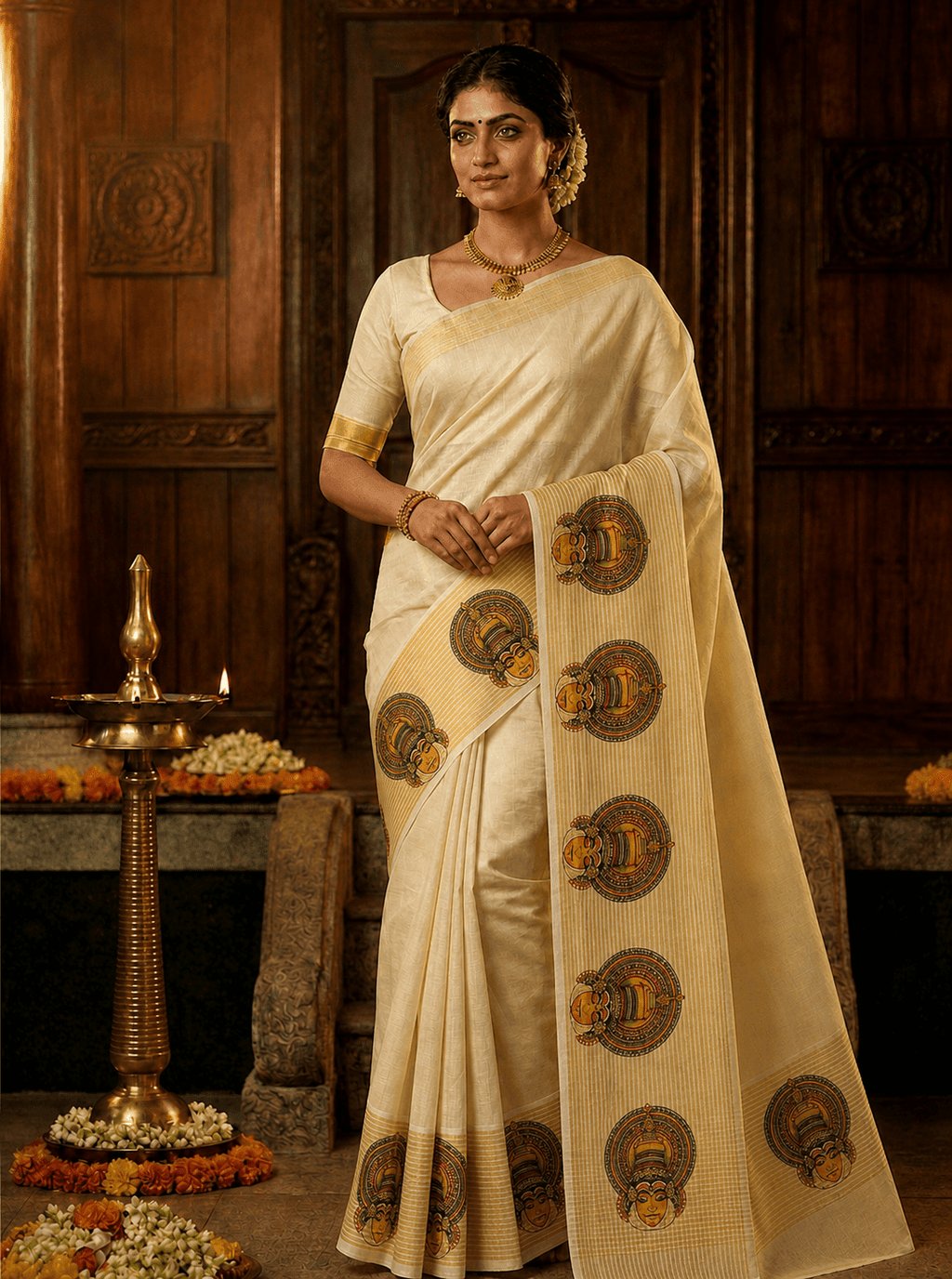 Kathakali Tissue Kasavu - Authentic Kerala Saree | Kasavu Saree | House Of Keralam