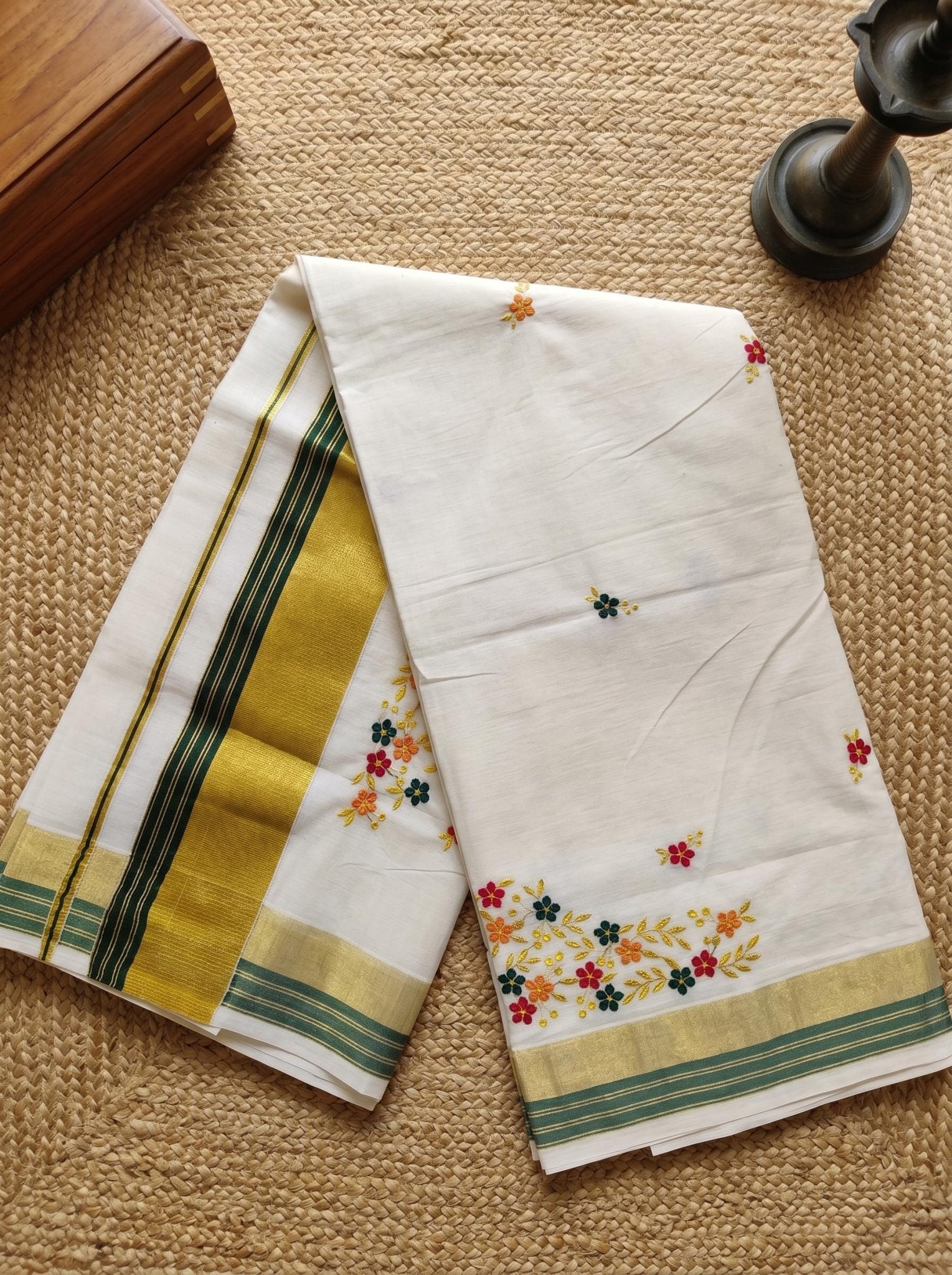 Pushpavalli Cotton Kasavu Dark Green - Authentic Kerala Saree | Kasavu Saree | House Of Keralam